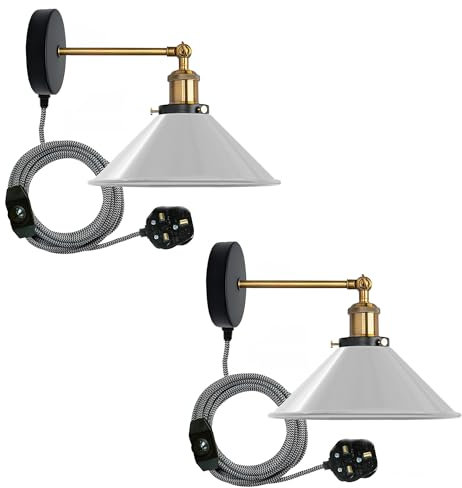 LEDSone Industrial Wall Sconce Adjustable Arm Light dimmer Switch Plug in 22cm White Metal Cone Lamp Shade with E27 Base Wall Lights for Restaurant Office and Indoor Home Decor