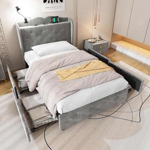 BTM Upholstered Single Bed with 4 Drawers, Lamp and 4 USB Ports - Velvet, Grey (No Mattress) - 3FT-90x190cm