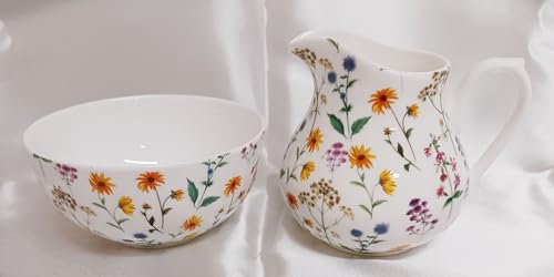 Meadow Flowers Pot à lait et sucrier en porcelaine anglaise Motif fleurs assorties