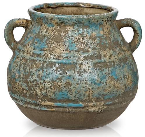 Hollyone Vintage Keramikvase mit Henkeln, 14.5cm Rustikale Retro Deko Vase Bauernhaus, Antike Vase Blumentopf für Blumen und Pflanzen, Terrakotta Tischvase für Wohnkultur, Tisch, Regal