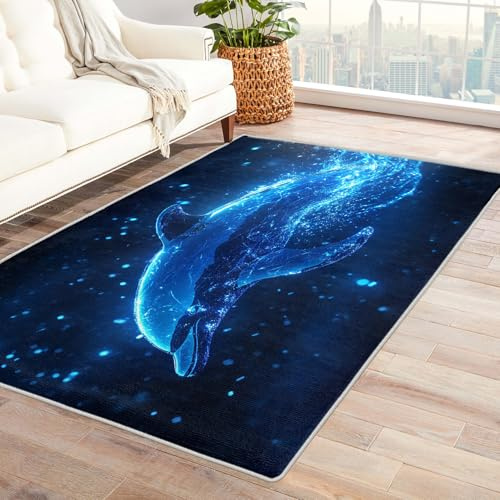 Generisch Kinderzimmer Deko Delfin - Teppich Wohnzimmer Schlafzimmer Meerestiere, Kleiner Teppich Blau Galaxie, Weich Kurzflor & Waschbar & rutschfest Fussmatte Innen, Kinderteppich 80x150 cm