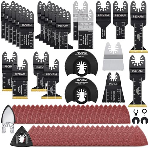 PECHAM 128PCS Oscillating tool Accessories Universal Wood Metal Cutting and Sandpaper Oscillating Tool Blade Kits with Titanium & Japanese Tooth Saw Blades Fit More Oscillating Tools