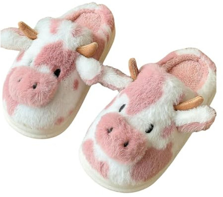 OUXUNDAI Hausschuhe plüsch Gefleckte Kuhfell Baumwolle Hausschuhe Winter Plus Samt Verdickte Home Baumwolle Schuhe Warme rutschfeste Dicke Sohle-Kuh Hausschuhe Pink-40-41