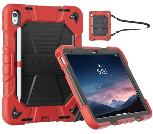 KVTVOU Case for iPad 11th Generation A16 2025 / iPad 10th Generation 2022 10.9 Inch, Hand/Carrying Strap, Full-body Shockproof Case with Pencil Holder, Heavy Duty, Durable, Rugged, Red+Black