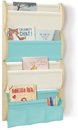 wooshwa Bücherregal Kinder Wand Kinderbücherregal Montessori (Blau) | 4 Ablagen & 3 Taschen Kinderregal Wandregal Kinderzimmer Regal Wellenförmig Massivholz