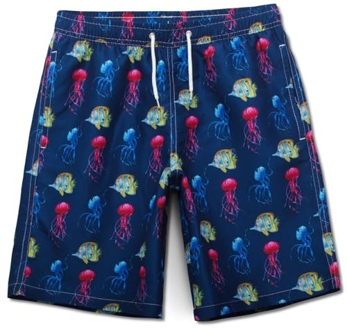 MEILONGER Kinder Badehose Jungen Schnelltrocknend Badeshorts Atmungsaktiv Wasserabweisend Boardshorts mit Mesh-Futter Taschen und Verstellbarem Tunnelzug Dunkelblau-Jellyfish 176