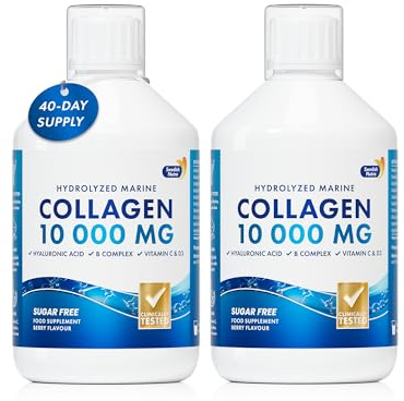Swedish Nutra Liquid Marine Collagen, 10,000 mg, 2 x 500 ml, 40 Day | Hydrolysed pure peptides & vitamins for hair, skin, nails & joints; 100% natural berry flavour collagen drink