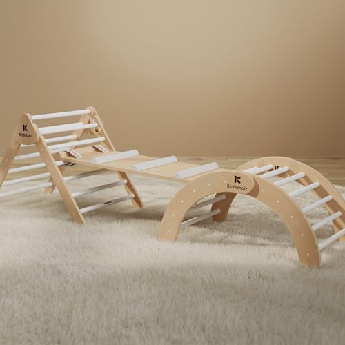 KINDAHOLZ 5in1 Pikler-Kletterdreieck - Kletterbogen & Rutsche für Kinder | mit Sicherheitsbändern gesichert - kompletter Indoor-Kletterpark - ab 1 Jahr - Kletterset für Kinderzimmer