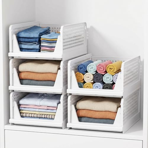 5 Pack Wardrobe Storage Baskets, Drawer Wardrobe Storage Organiser, Stackable Storage Boxes for Cupboard Kitchen Bathroom Bedroom (White)