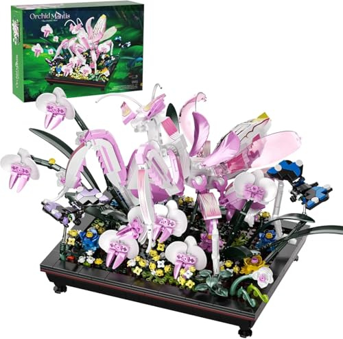 Exairetikos Orchid Mantis Klemmbausteinen Blumen Bonsai 1077PCS, Kompatibel Mit Lego Flowers Insekten naturinspiriertes für Erwachsene, Schreibtischdekor für Zuhause/Büro für Mädchen ab 8-16+ Jahre
