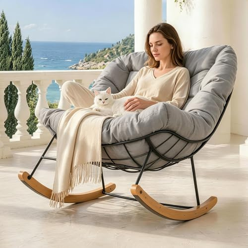 SANODESK Schaukelstuhl mit Kopfstütze & 159 kg Belastbarkeit | für Wohnzimmer, Schlafzimmer, Leseecke, Balkon oder Garten, perfekt zum Entspannen, Lesen oder für ruhige Momente(Hellbraun)