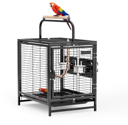 VINGLI 25in Portable Metal Bird Cage with Wooden Handle Handheld | Travel Carrier Cage,With Double Food Bowls,For Small & Medium Birds