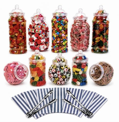 10 Assorted Plastic Sweet Jars, 2 tongs, 50 Bags for Parties, Weddings, Candy Buffet (Blue)