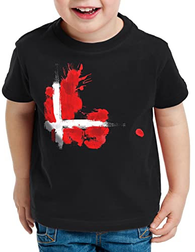 CottonCloud Flagge Dänemark Kinder T-Shirt Fußball Sport Denmark WM EM Fahne, Farbe:Schwarz, Größe:140