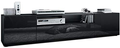 Vladon Mobiletto Mogan, Mobile TV con 2 Ante, 1 Anta a ribalta e 1 Scomparto a Giorno, Nero Opaco/Nero Lucido (181 x 39 x 35 cm)