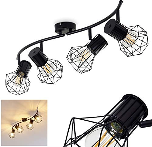 Deckenleuchte Bardhaman, Deckenlampe aus Metall in Schwarz, 4-flammig, 4 x E27-Fassung, Spot im Retro/Vintage Design in Gitter-Optik und Lichteffekt an der Decke, ohne Leuchtmittel
