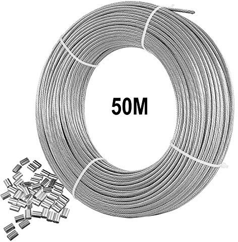 2 mm Drahtseil, 316 Edelstahldrahtkabel, 50 m langes Flugzeugkabel mit 25 teiliger Crimpschleifenhülse, 7 x 7 Litzenkern, 167kg Bruchfestigkeit Perfekt für Außen,Garten oder Bastelarbeiten