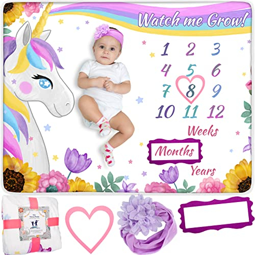 Happy Chlea Coperta Mesi Neonato Femmina con Cornici e Fascia Inclusa, Tappeto Mesi Neonato Femmina a Tema Unicorno, Lavabile, Antimicrobico, Morbido e Certificato Oeko-Tex
