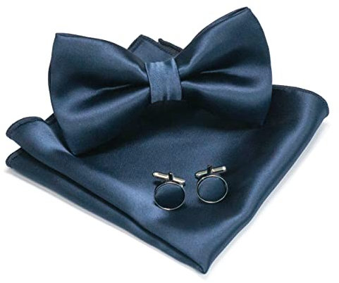 JEMYGINS Herren Fliege navy4 Satin Fliege und Einstecktuch mit Manschettenknöpfe Sets