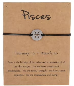Silver Star Sign Black Rope Disc Bracelet - Pisces (19th February - 20th March) - Zodiac Constellation Horoscope Celestial Astrology Jewellery - Women Men Gift