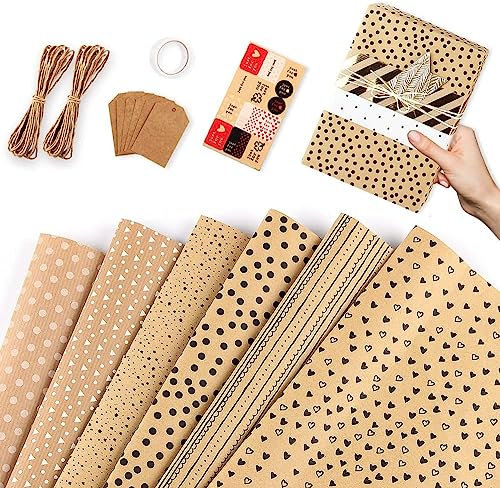 Geschenkpapier, 6 Blatt Geburtstag Geschenkpapier Kinder Junge Männer, Recycelbares Kraft Geschenk Papier mit Hanfseil & Klebeband für Geburtstage, Hochzeiten, Partys und Geschenke, 70 x 50 cm