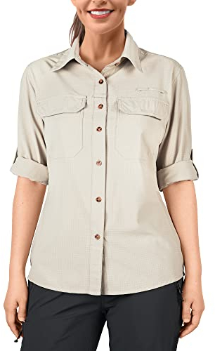 33,000ft Hemd Damen UPF50+ UV Schutz Outdoorhemd Schnelltrocknend Freizeithemd Langarm Funktionshemd Wanderhemd für Angeln Safari Reisen Golf Helles Khaki 2XL