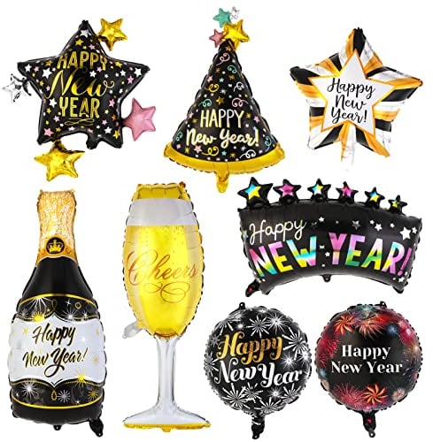 HOWAF 8 Stück Silvester Deko 2025 Luftballons Neujahr Deko 2025, Silvester Luftballons Folienballon Neujahr Ballons Happy New Year Helium Ballons Schwarz Gold für Silvesterparty Silvesterdekoration