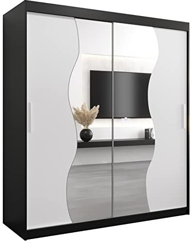 KRYSPOL Schwebetürenschrank Madryt 180 cm mit Spiegel Kleiderschrank mit Kleiderstange und Einlegeboden Schlafzimmer- Wohnzimmerschrank Schiebetüren Modern Design (Schwarz + Weiß)