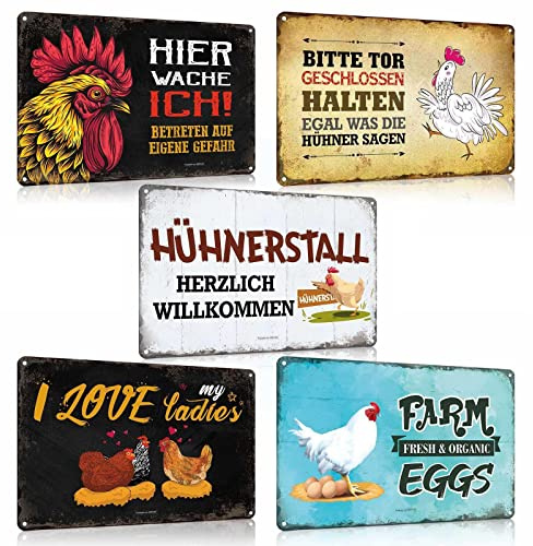 ESFIVHO 5er Set Hühner Blechschild mit Lustig Spruch - HIER WACHE ICH - I LOVE MY LADIES - FRESH EGGS - Vintage Eier Huhn Hahn Metall-Schild - Hühner Deko Geschenk als Hühnerstall 20x30cm