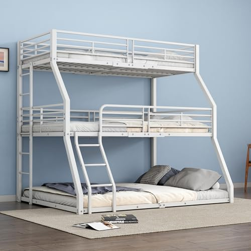SOFTWEARY Etagenbett mit 3 Liegeflächen, Lattenrost und Leiter, 90/120/140 cm, Metallbett mit Rausfallschutz, Kinderbett, Jugendbett