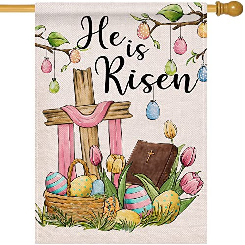 Artofy He is Risen Ostereier Kreuz religiöse große dekorative Hausflagge, Tulpenblumen Glaube Hof Garten Außendekoration, Frühling Jute Outdoor Home Dekoration doppelseitig 28 x 40