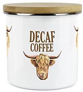 Purely Home Highland Cow Decaf Coffee Canister - White Metal Enamel Kitchen Food Storage Container