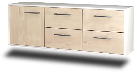 Lqliving TV-Board Lowboard Denver, Wandmontiert, Korpus in Weiss matt, Front im Holz-Design Zeder (136x47x35cm), mit Metall Griffen, Made in Germany