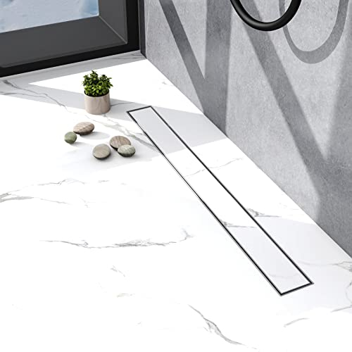 Biubiubath Caniveau de douche en acier inoxydable 90cm, siphon arrêt anti-odeur, passoire à cheveux, deux types de montage - avant et arrière, kit complet fixation au sol