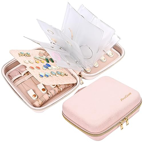 ProCase Schmuckkästchen Reise Harte Schmuckaufbewahrung Schmuckbeutel Buch mit Transparente Tasche und Reißverschlüsse, Schmuck Organizer Damen für Ohrringe Halsketten Armbänder Organizer - M, Rosa
