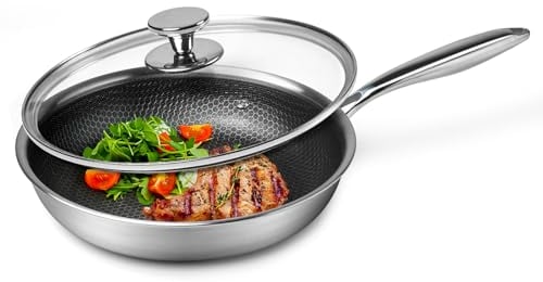 Innerwell Sartén de Acero Inoxidable con Tapa 28 cm,Sartén de Inducción,Antiadherente y Resistente a Los Arañazos sartén de Acero Inoxidable con Revestimiento de Nido de Abeja,Sin PFAS y PFOA