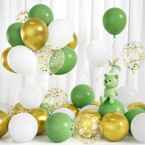Luftballons Grün Weiß, 30 Stück Ballons Retro Grün Weiss Party Luftballon mit Gold Konfetti Mädchen Frauen Geburtstag Babyparty Taufe Geschlecht Offenbaren Jubiläum Dschungel Safari Hochzeit Deko