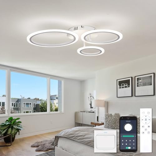 YOLEDY Deckenlampe Led mit Fernbedienung & APP, Decken Lampen mit 3 Ring, Dimmbar, Licht Memory Funktion mit Timer, Moderne Deckenleuchte Rund Wohnzimmer Flur Schlafzimmer, Weiß