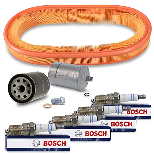 BESTPRICE Inspektionspaket Filterset mit 1x Ölfilter, 1x Luftfilter, 1x Kraftstofffilter, 4x Zündkerze Super plus HR8DC+, Kompatibel mit MERCEDES 124 (C124) (W124) (S124), 190er (W201)