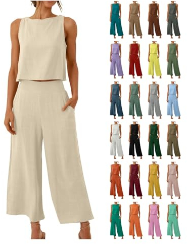 Damen Zweiteilige Outfits Lässiges Sommer Outfits Leinen Crop Tank Top und Hose 2-teilige Rundhals Ärmelloses Freizeitanzug mit Taschen Hosenanzug Lange Leicht Einfarbig Loungewear