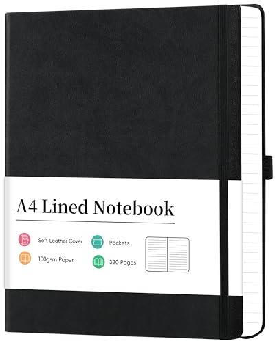 Artfan Quaderno A4 - Quaderno A4 a Righe con 320 Pagine di Carta Premium, Rilegatura in Similpelle Classica, Diario da Scrittura A4, 21,5 x 27,9 cm, Copertina Rigida, Nero