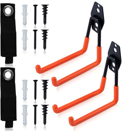 LEONTOOL Heavy Duty Garage Hooks for Hanging Tools, 2 Pack Garage Storage Utility Hooks with Strap, Wall Mount Storage Hanger Organizer for Ladder Extension Cord Tool Cable Ropes, Medium U Hooks