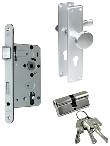 BKS Zimmertür/Wohnungstür/Badezimmer Komplett Set, inclusive Aluminium Schild Beschlag (PZ Profilzylinder/Knauf, DIN LINKS, Renovierungsschild 240mm x 47mm)