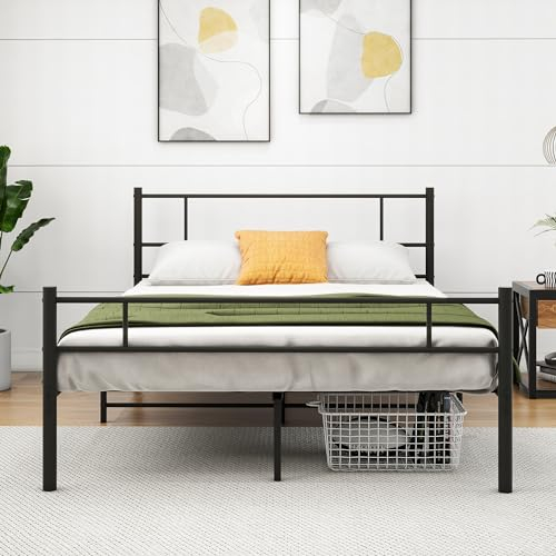 HOMERECOMMEND 140x200cm Metallbett Bettgestelle mit Lattenrost mit Holz Kopfteil und Fußteil Heavy Duty Metall Plattform Bettrahmen Solid und Stabil
