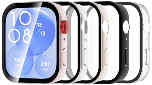 Bigqin 5 Pezzi Custodia Protettiva Compatibile con Huawei Watch Fit 3, Custodia Rigida per PC con Proteggi Schermo, Custodia HD con Vetro Temperato - Trasparente, Rosa, Oro, Argento, Nero