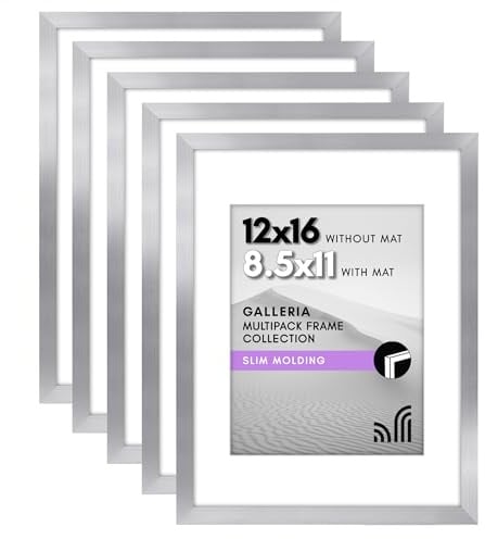 Americanflat 12x16 Picture Frame with Polished Plexiglass - Set of 5 - Use as 8.5x11 Frame with Mat or 12x16 Frame Without Mat - Galleria Collection - Gallery Wall Frame Set for Wall Display - Silver