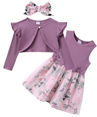 PATPAT Completo Vestito Bambina con Cardigan, Fiocchi in Vita e Gonna in Tulle Floreale, Abbigliamento Elegante per Uso Quotidiano e Occasioni Speciali, Viola 2 Anni Taglia 80-90cm