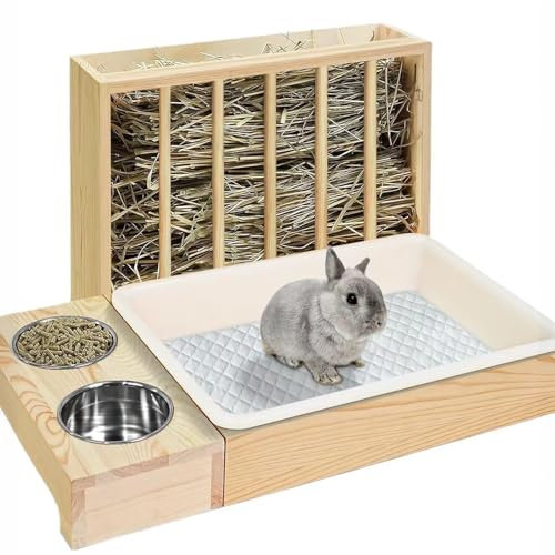 Rabbit Hay Feeder, Bunny Hay Feeder, Wooden Rabbit Hay Feeder Box with Litter Box, 2 Stainless Steel Bowls for Chinchillas Hamster Small Animals
