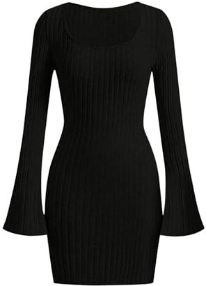 GORGLITTER Women's Long Sleeve Jumper Bodycon Mini Dress Knit Scoop Neck Slim Dresses Black M