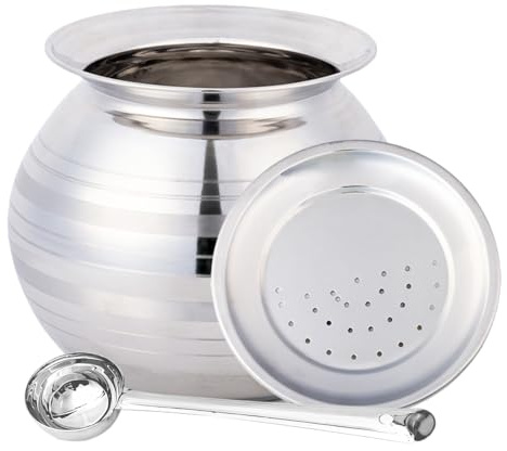 Thangam Stainless Steel Rice Pot/Rice Strainer/Pongal Pot/Gundu/Cooker/Handi with Lid Vadi Plate and Ladle/Spoon, 3.5 litres